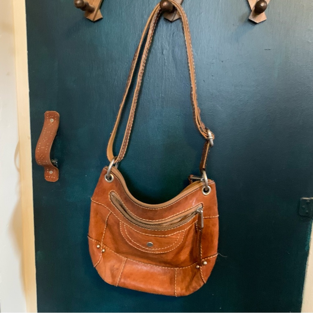 Fossil Brown Leather Long Strap Cross Body Bag Travel Adjustable Silver Tone Zip - Picture 14 of 16